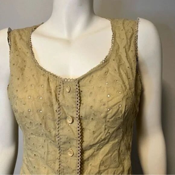 Vintage Boho tan Embroidered Sleeveless cropped top button front small - Picture 2 of 6